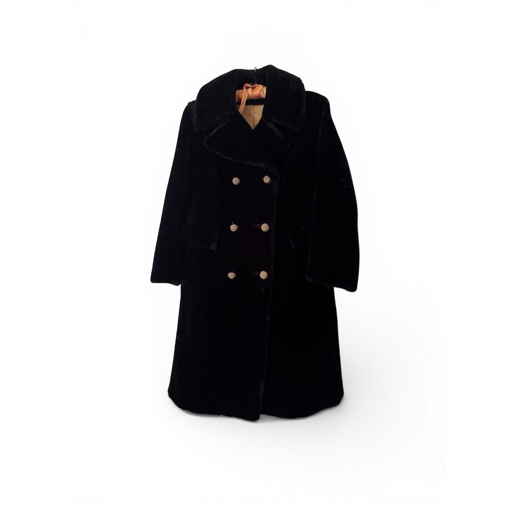 Vtg Womens Black Faux Fur Coat Double Breasted Gold Buttons Sears Fashions 1960s